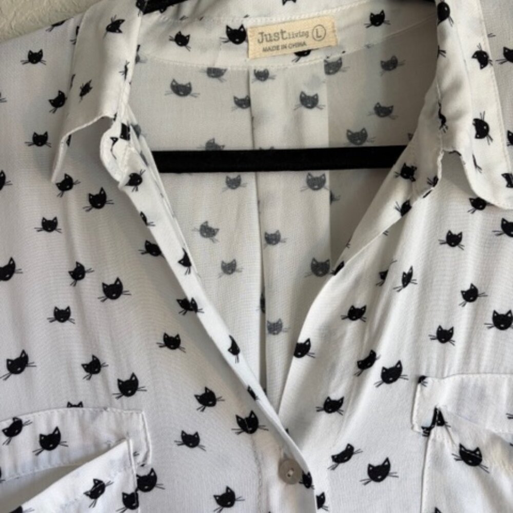 Just Living Black&White Cat Print Long Sleeve Roll Tab Blouse Large Novelty Boho - Picture 4 of 10